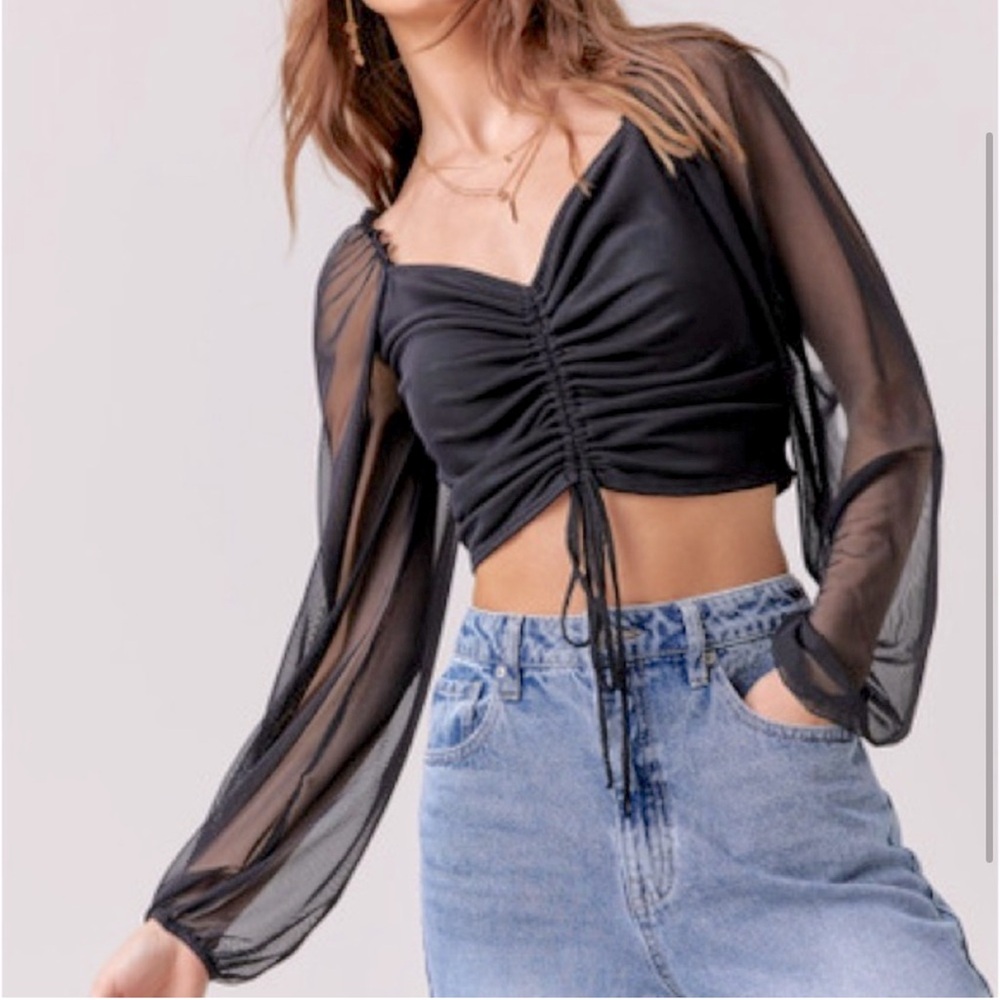 Black Cropped Ruched Sheer Sleeve Blouse